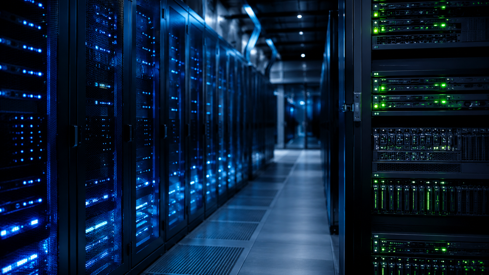 Corredor de datacenter com servidores e rede óptica