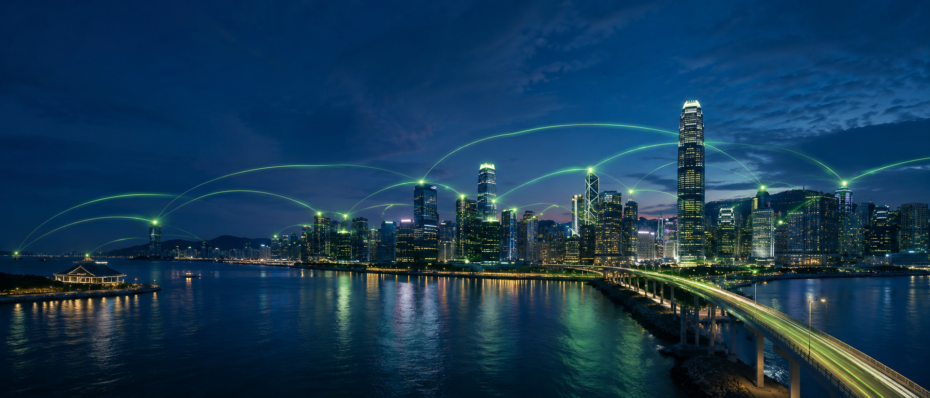 Cidade conectada à noite por uma rede de fibra óptica