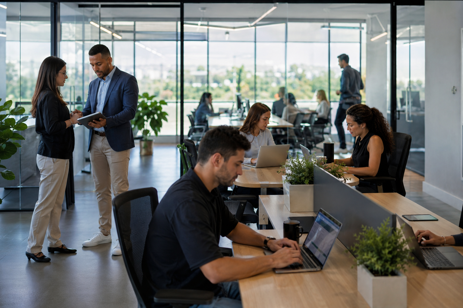 Escritório corporativo moderno com equipe trabalhando